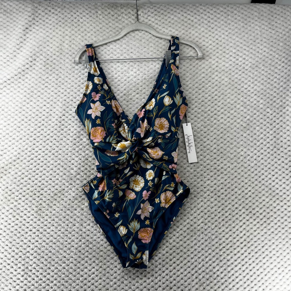 Nicole Miller Floral One Piece‎ Swimsuit Twist Front Deep V Neck NWT Size S